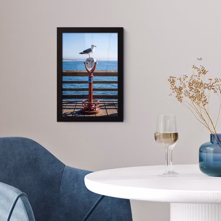 Poster met lijst - Vogel - Verrekijker - Kust - Zee - Blauw — 2