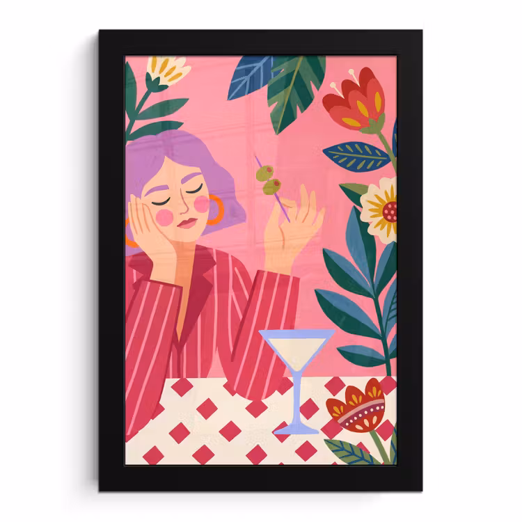 Poster met lijst - Vrouw - Cocktail - Bloemen - Modern - Roze — 1