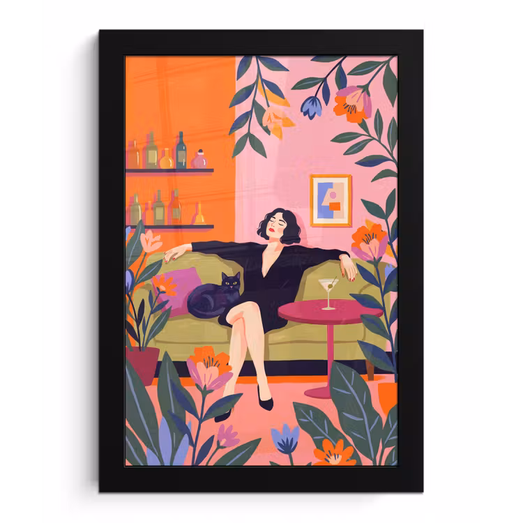 Poster met lijst - Vrouw - Kat - Interieur - Modern - Kleurrijk — 1