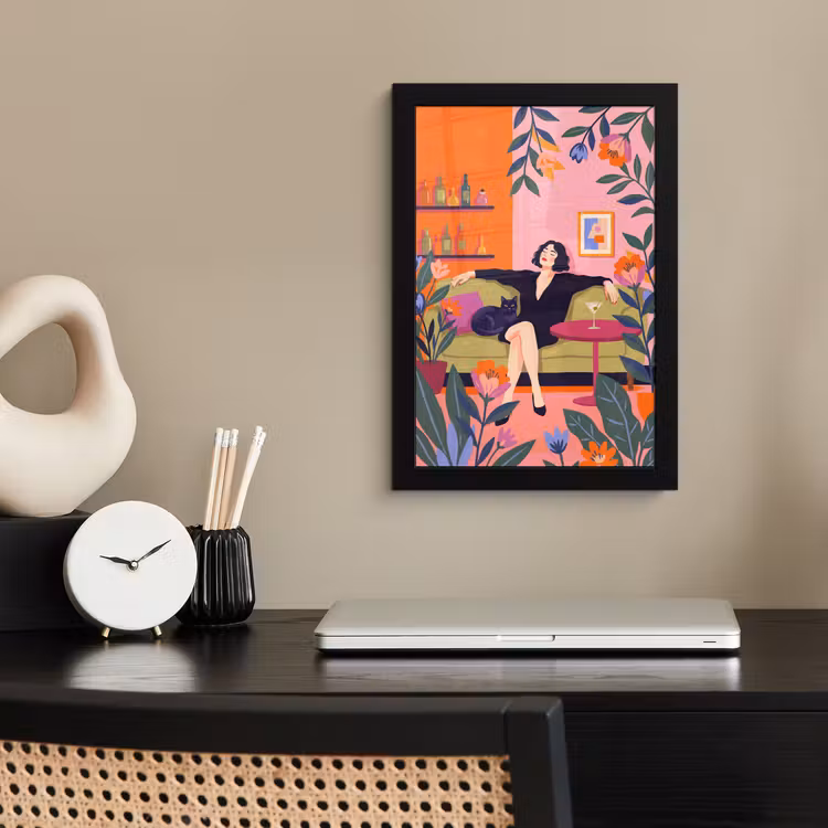 Poster met lijst - Vrouw - Kat - Interieur - Modern - Kleurrijk — 3