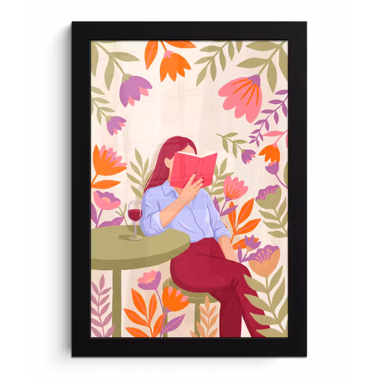 Poster met lijst - Vrouw - Lezen - Thuis - Modern - Bloemen — 1
