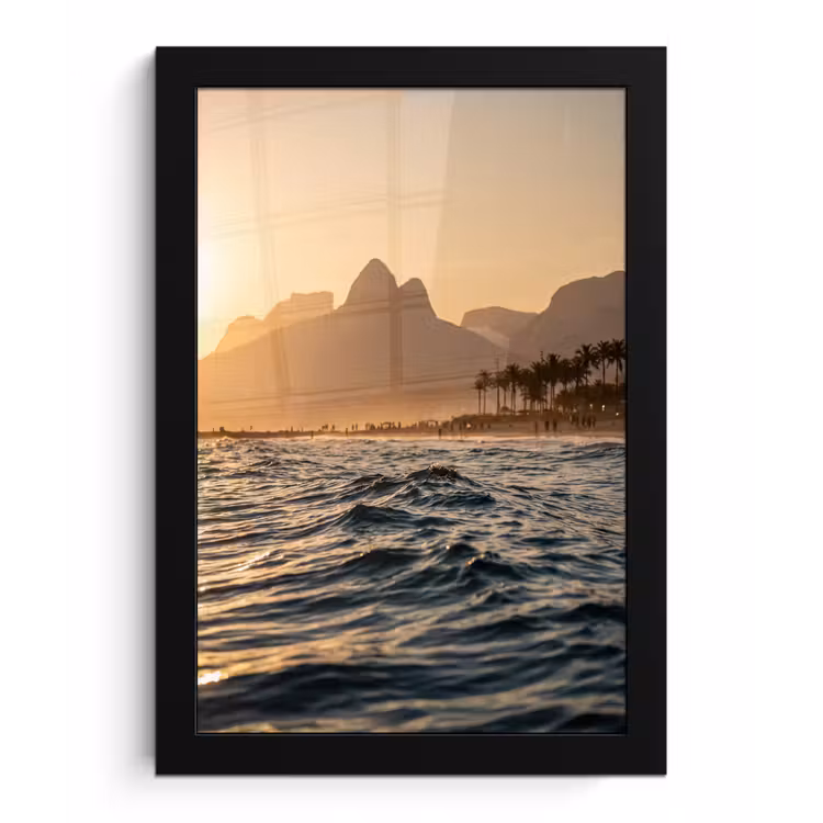 Poster met lijst - Zee - Golven - Zonsondergang - Kust - Goud — 1