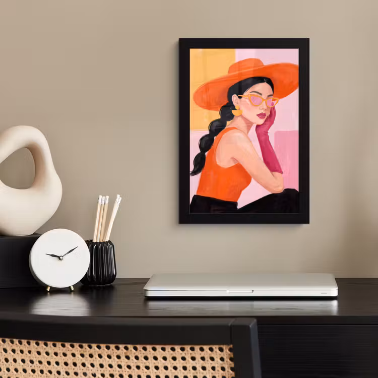 Poster met lijst - Vrouw - Hoed - Mode - Modern - Oranje — 3