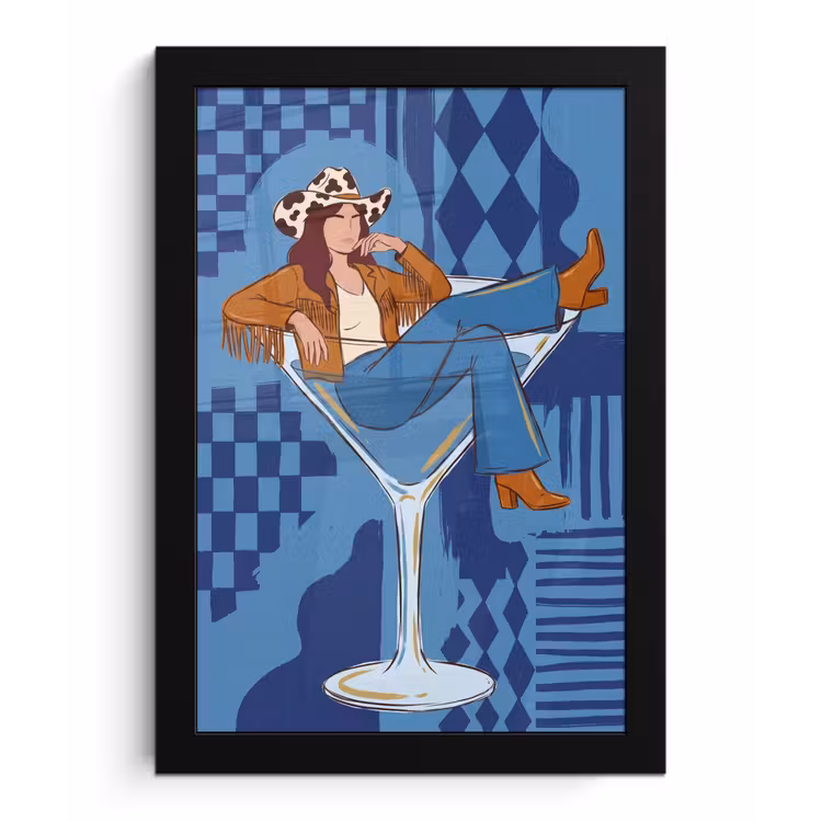 Poster met lijst - Vrouw - Martini glas - Abstract - Blauw - Kunst — 1