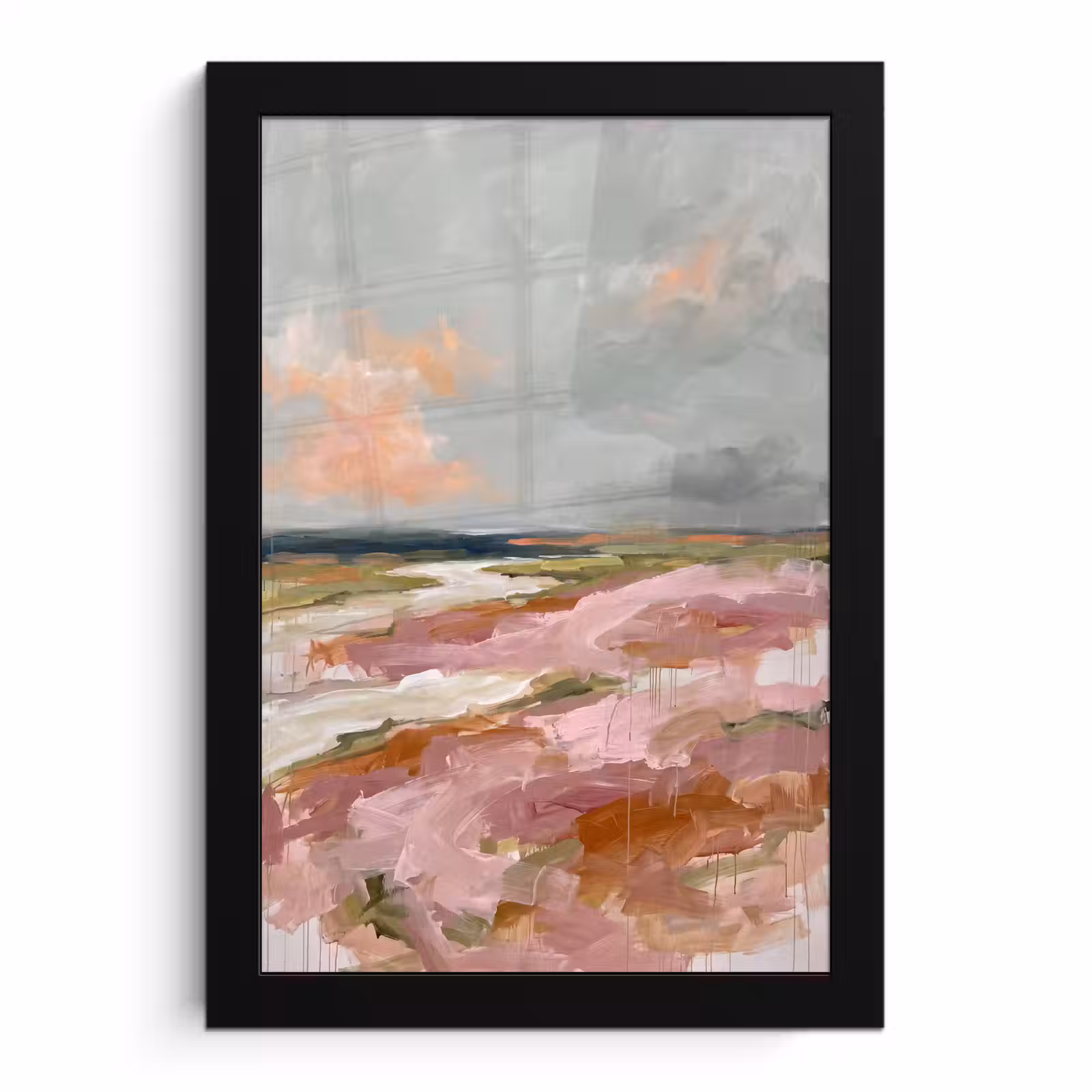Poster met lijst - Landschap - Rivier - Abstract - Roze - Groen — 1