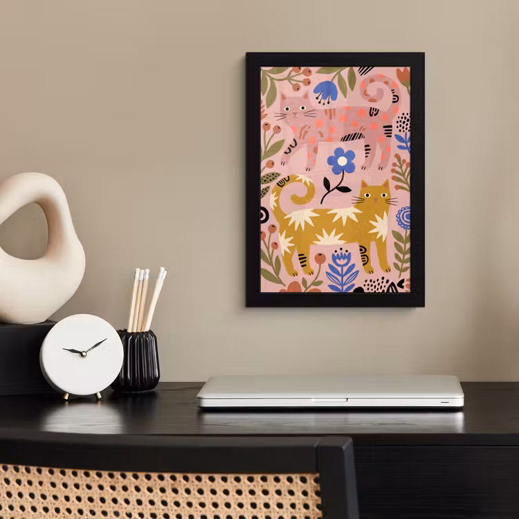 Poster met lijst - Kat - Bloemen - Dieren - Modern - Roze — 3