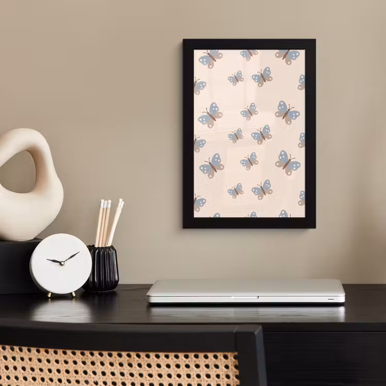 Poster met lijst - Insect - Vlinderpatroon - Abstract - Blauw - Beige — 3