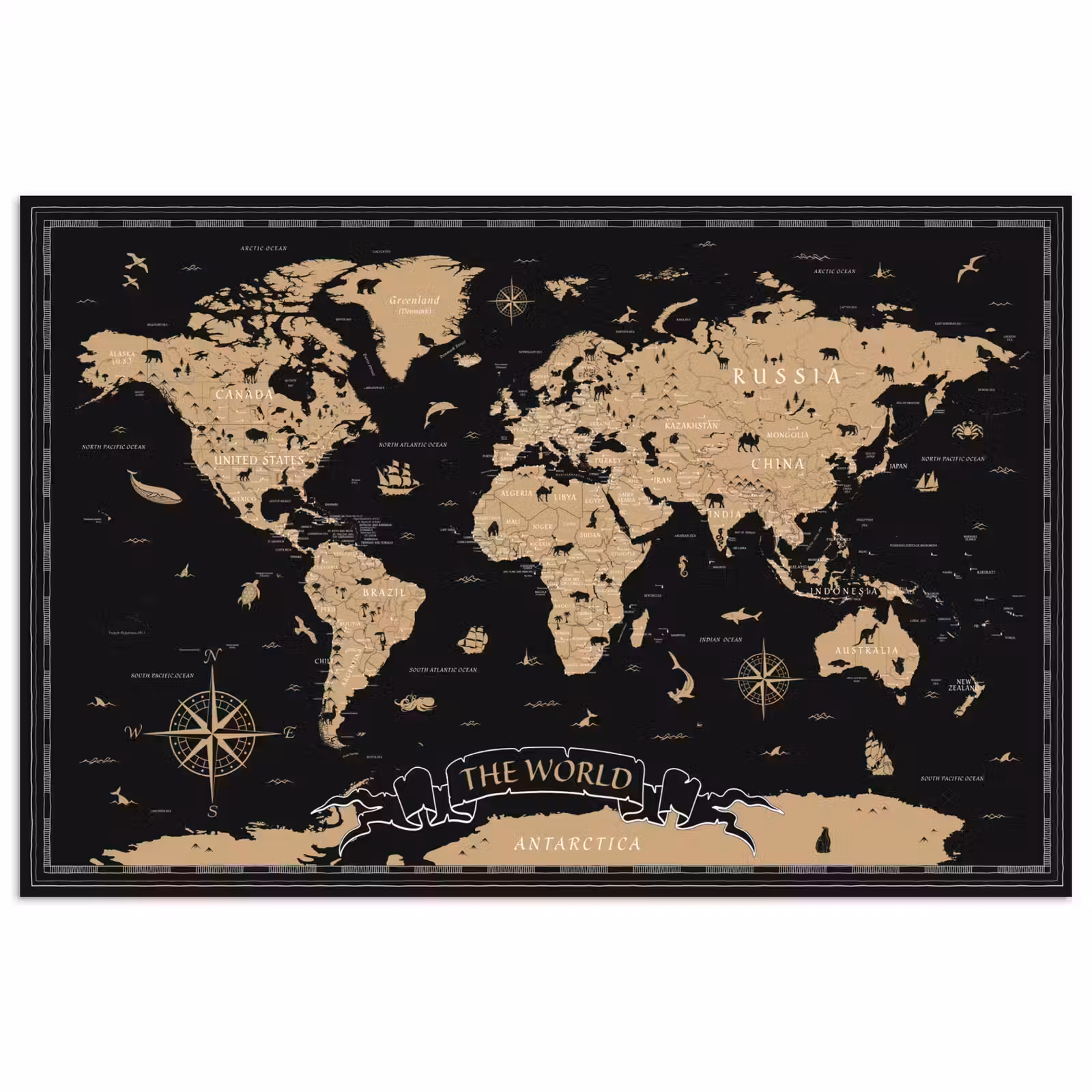 Poster - Wereldkaart - Beige - Zwart — 1