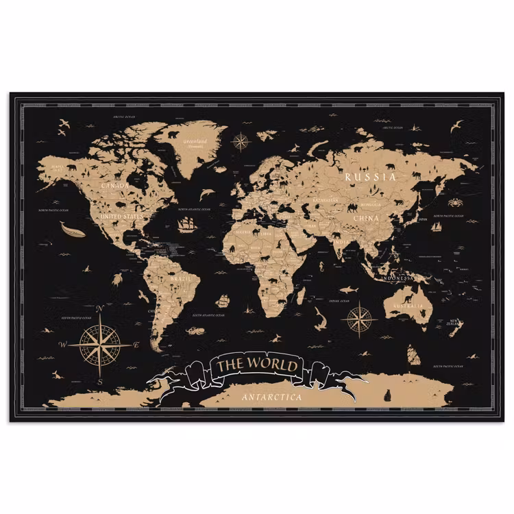 Poster - Wereldkaart - Beige - Zwart — 1