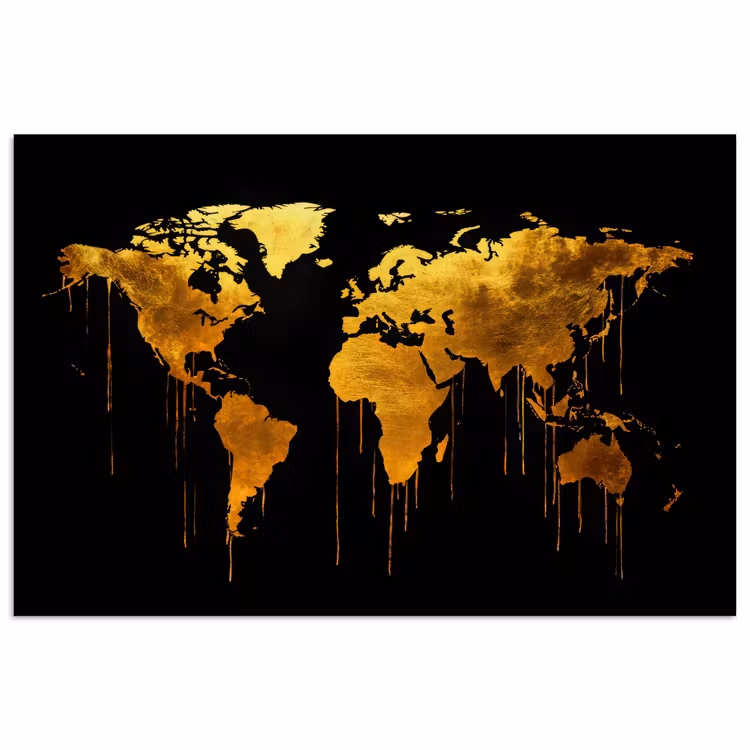 Poster - Wereldkaart - Goud - Druipen - Zwart — 1