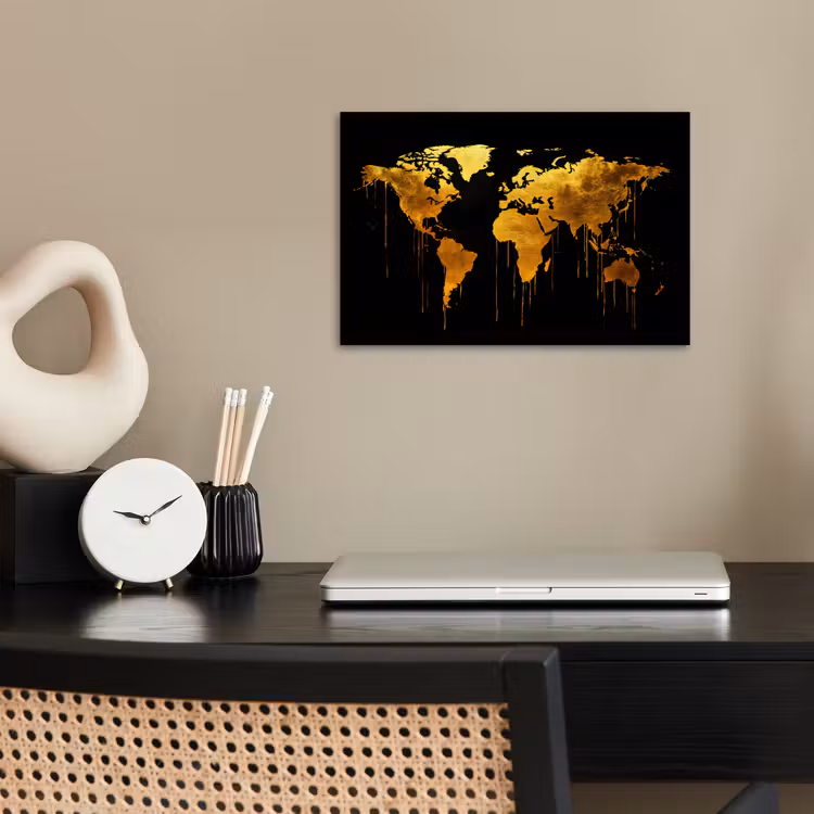 Poster - Wereldkaart - Goud - Druipen - Zwart — 2
