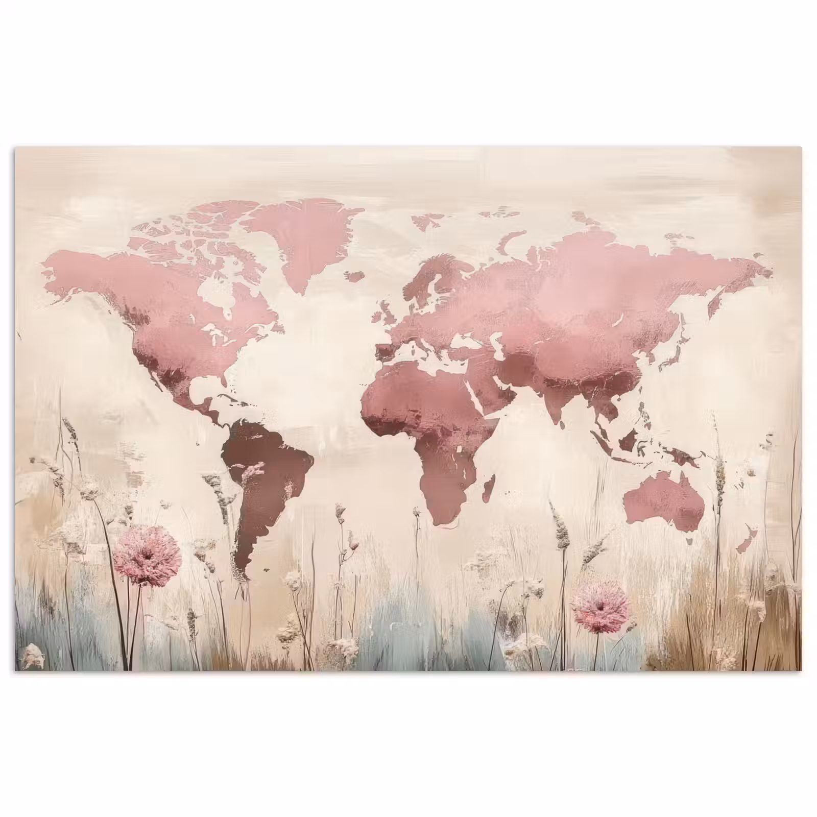 Poster - Wereldkaart - Roze - Bloemen — 1