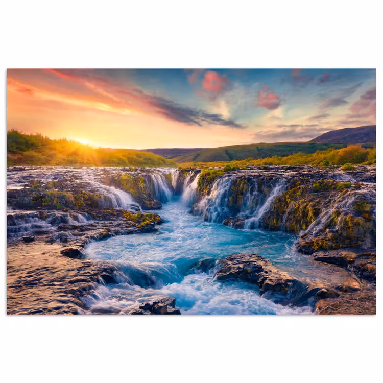 Poster - Waterval - Planten - Mos - Landschap - Zonsondergang - Rots — 1