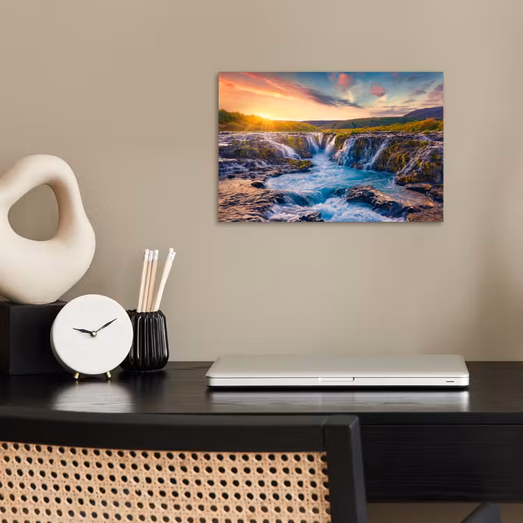 Poster - Waterval - Planten - Mos - Landschap - Zonsondergang - Rots — 2