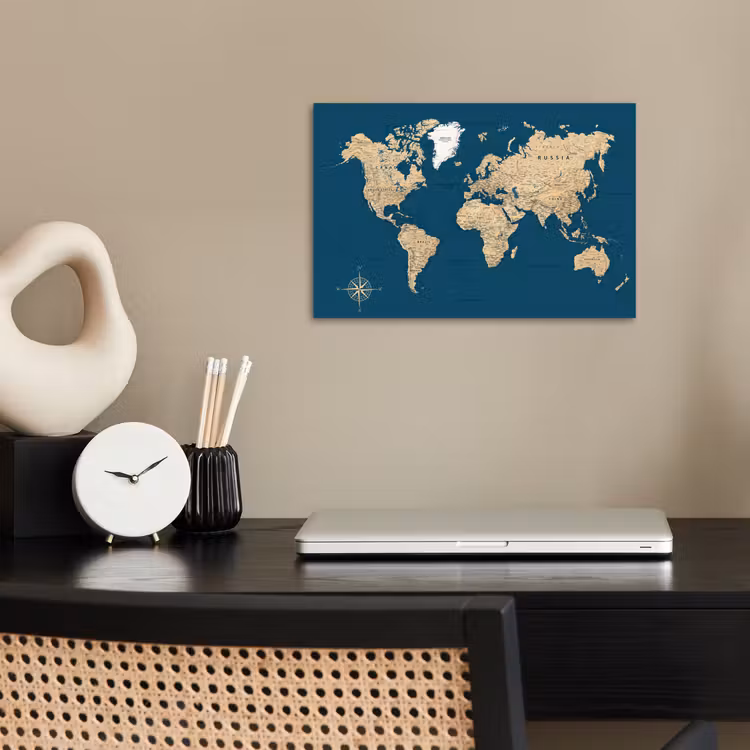 Poster - Wereldkaart - Donkerblauw - Beige — 2