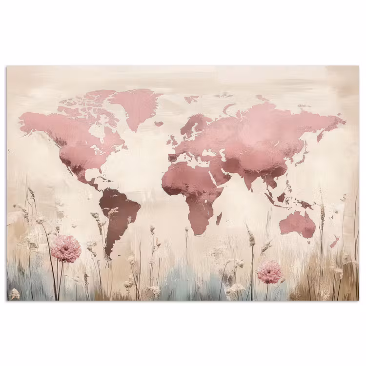 Poster - Wereldkaart - Roze - Bloemen — 1