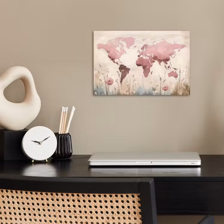 Poster - Wereldkaart - Roze - Bloemen — 2
