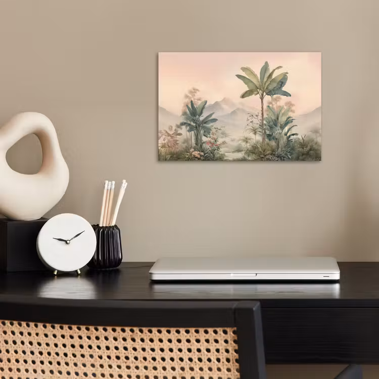 Poster - Tropisch landschap - palmbomen - Bloemen - Roze lucht — 2