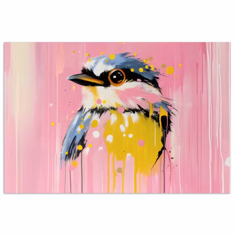 Poster - Vogel - Roze - Geel - Blauw — 1