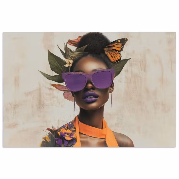 Poster - Vrouw - Zonnebril - Vlinder - Bloemen — 1