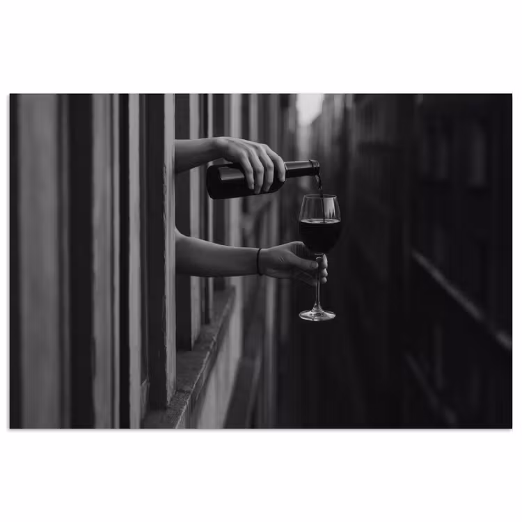 Poster - Wijnfles - Glas - Handen - Raam — 1