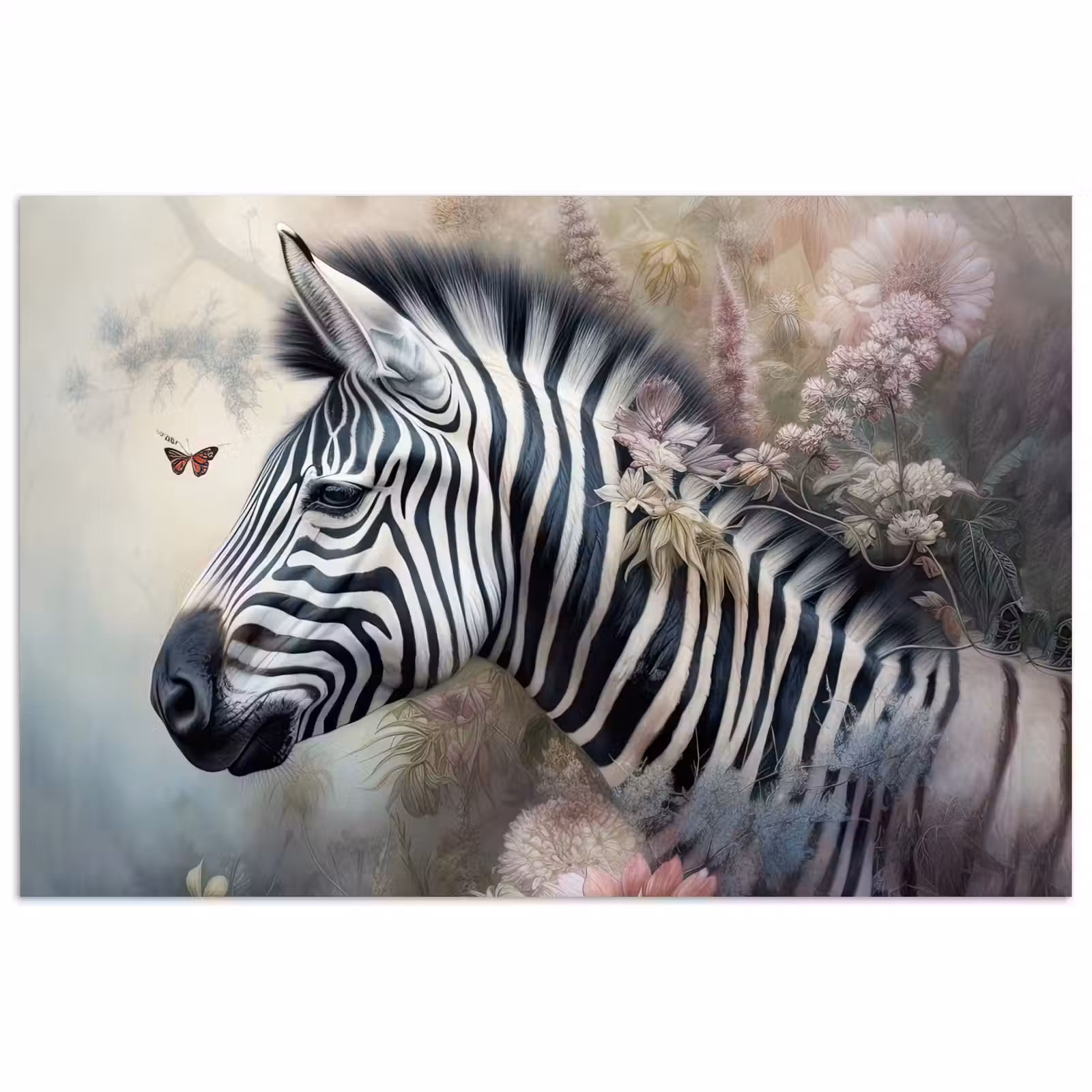 Poster - Zebra - Wilde dieren - Vlinder - Bloemen — 1