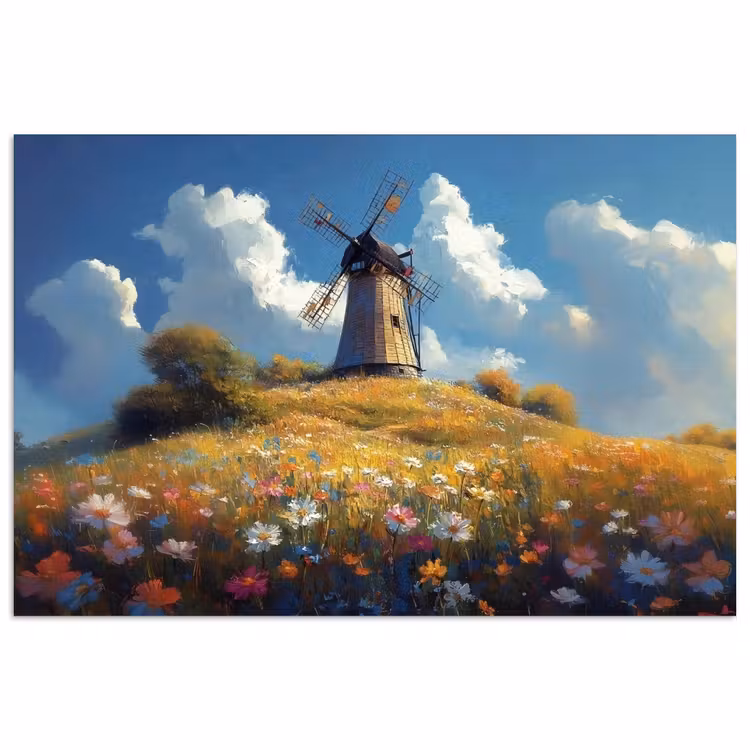 Poster - Windmolen - Heuvel - Bloemen - Kleurrijk — 1