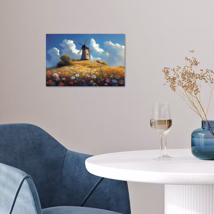 Poster - Windmolen - Heuvel - Bloemen - Kleurrijk — 4