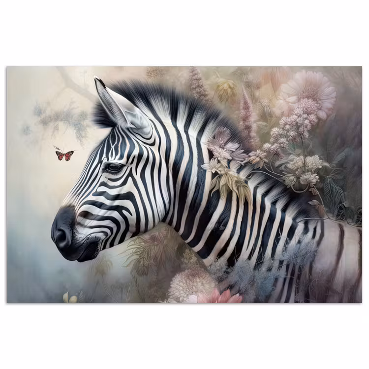 Poster - Zebra - Wilde dieren - Vlinder - Bloemen — 1