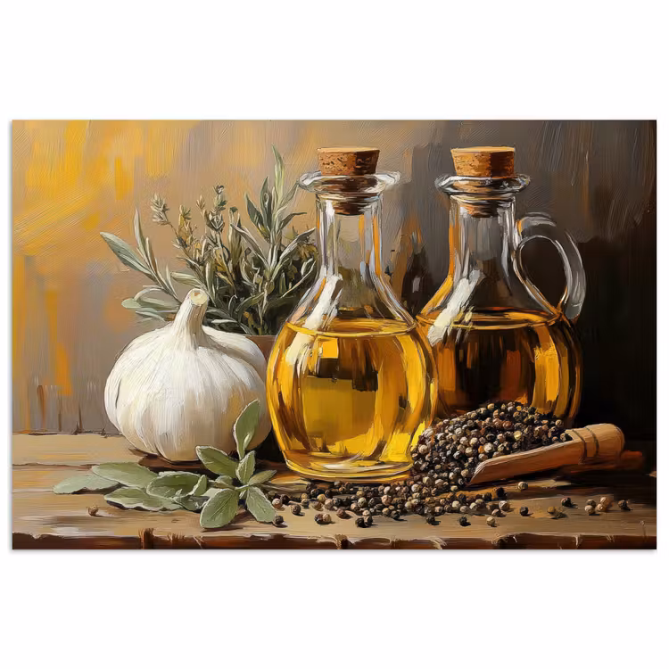 Poster - Stilleven - Olijfolie - Knoflook - Kruiden — 1