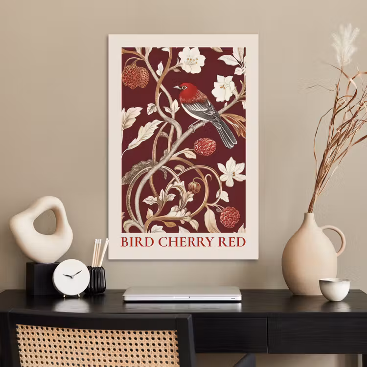 Poster - Vogel - Bordeaux - Bloemen - Bessen — 2