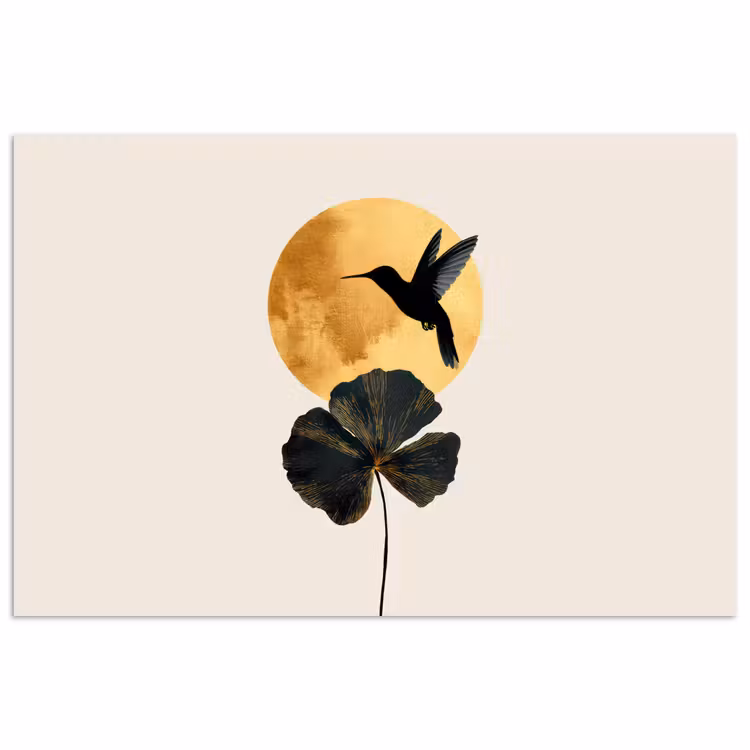 Poster - Zwarte kolibrie - Bloem - Gouden cirkel — 1