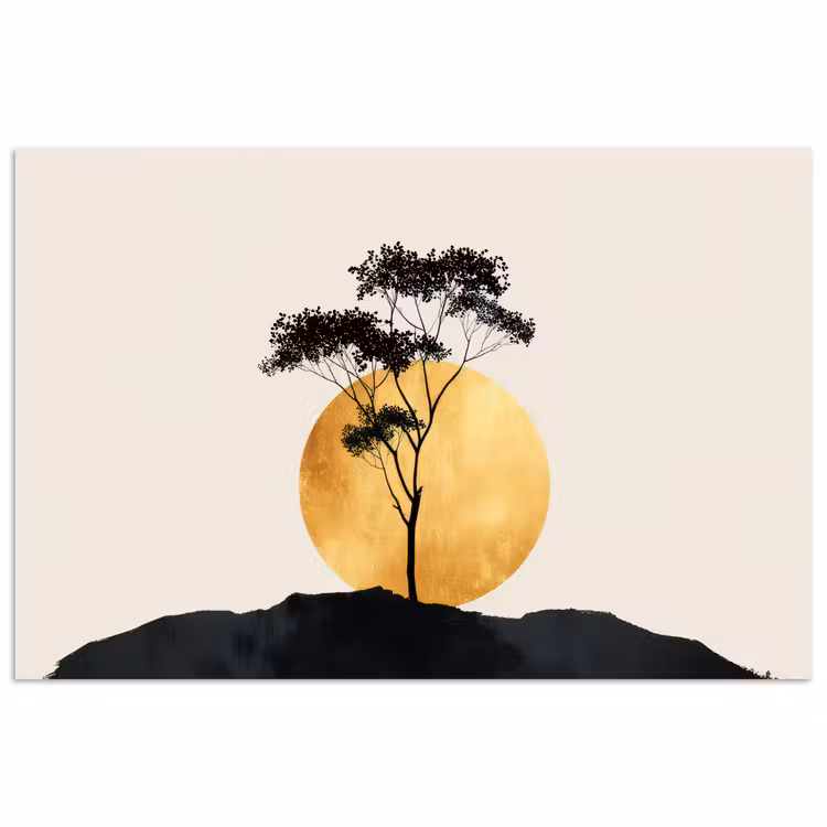 Poster - Zwarte boom - Gouden cirkel - Heuvel — 1