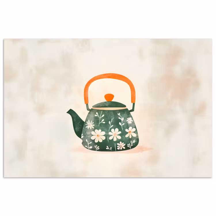 Poster - Theepot - Groen - Bloemen - Oranje — 1