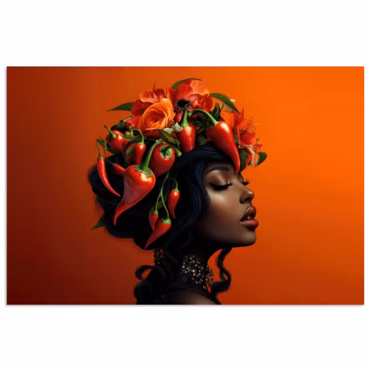 Poster - Vrouw - Chilipepers - Pepers - Bloemen — 1