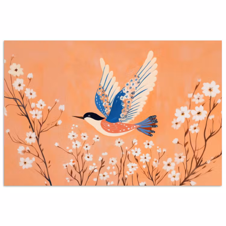 Poster - Vogel - Bloesemtakken - Warm - Kleurrijk — 1