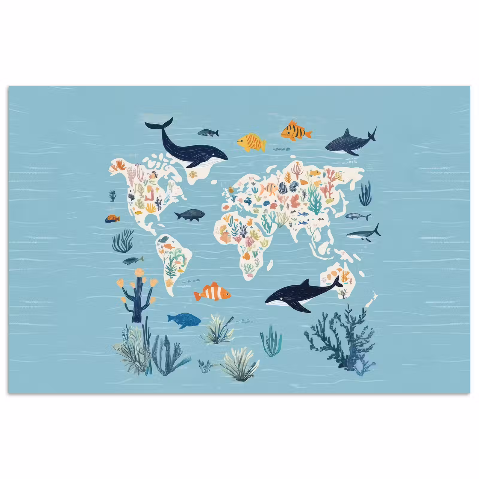Poster - Wereldkaart - Zeeleven - Blauw — 1