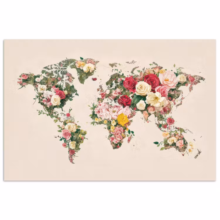 Poster - Wereldkaart - Bloemen - Roze — 1