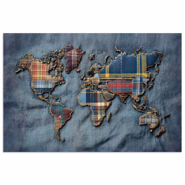 Poster - Wereldkaart - Denim - Textiel — 1