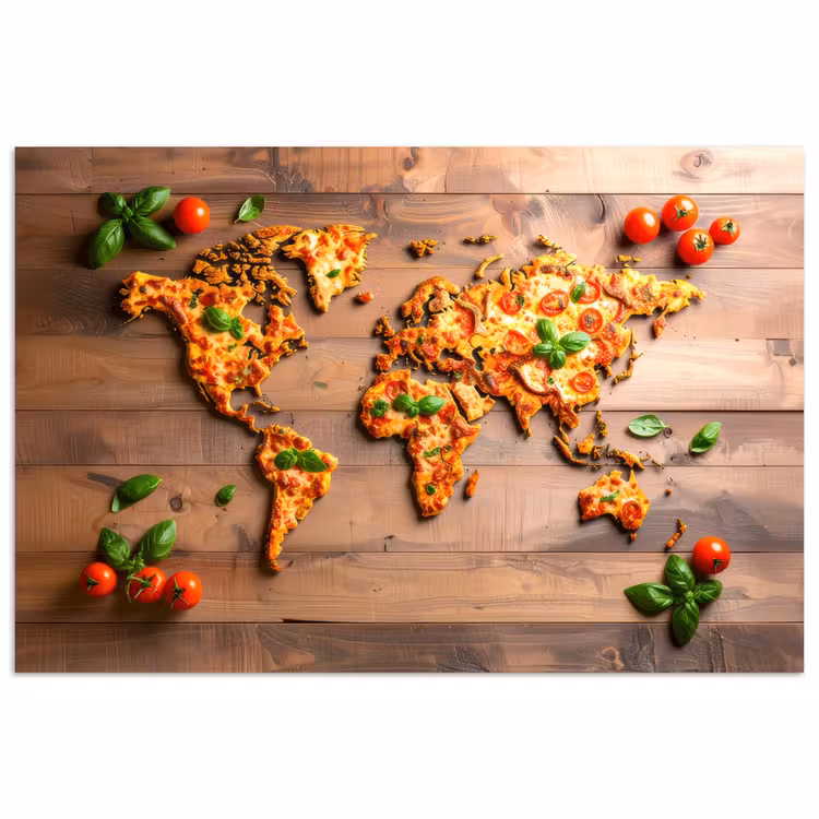 Poster - Wereldkaart - Pizza - Houten ondergrond — 1