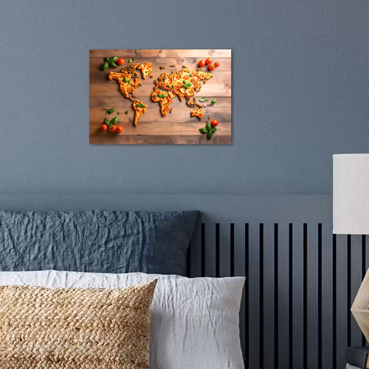 Poster - Wereldkaart - Pizza - Houten ondergrond — 3