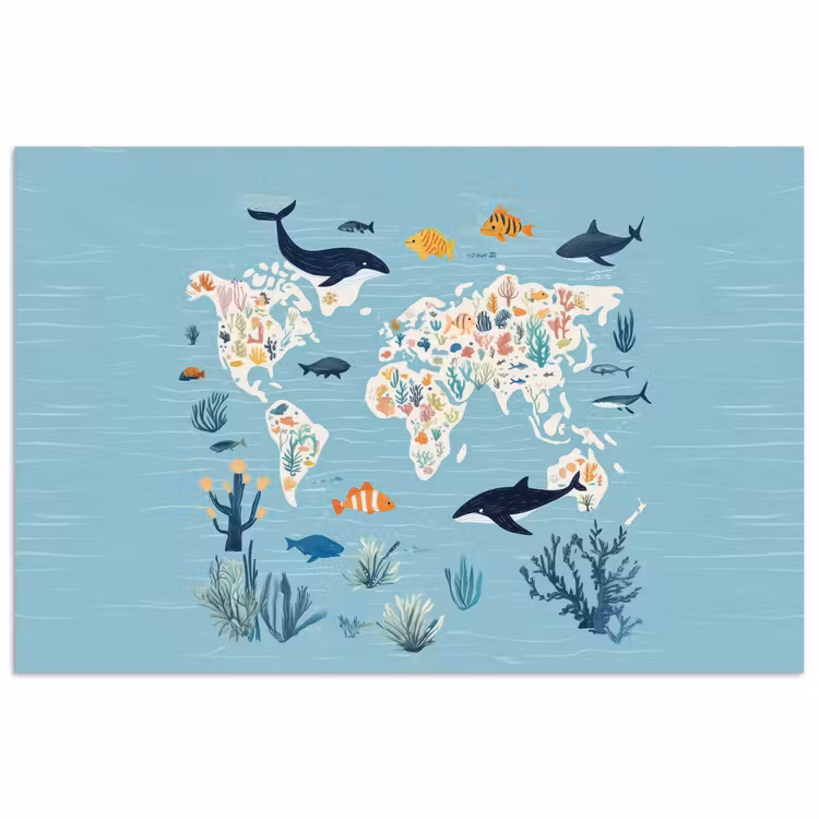 Poster - Wereldkaart - Zeeleven - Blauw — 1
