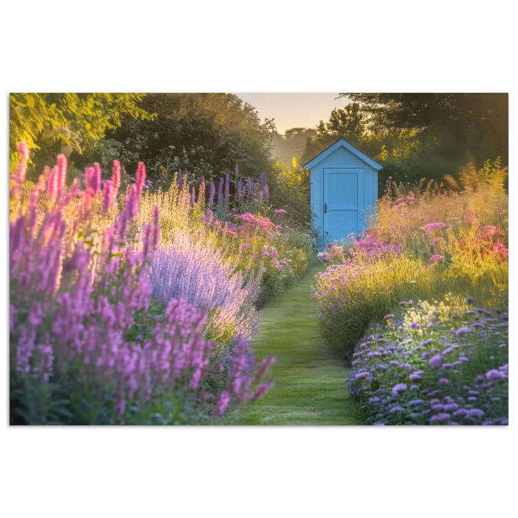 Poster - Tuinhuisje - Blauw - Bloemen — 1