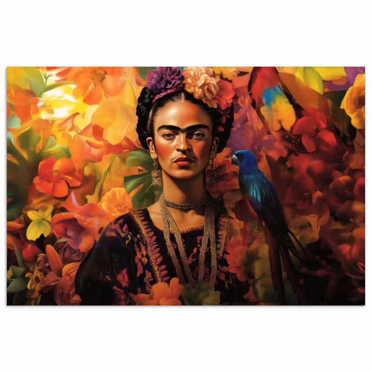 Poster - Vrouw - Bloemen - Papegaai - Schilderachtig — 1