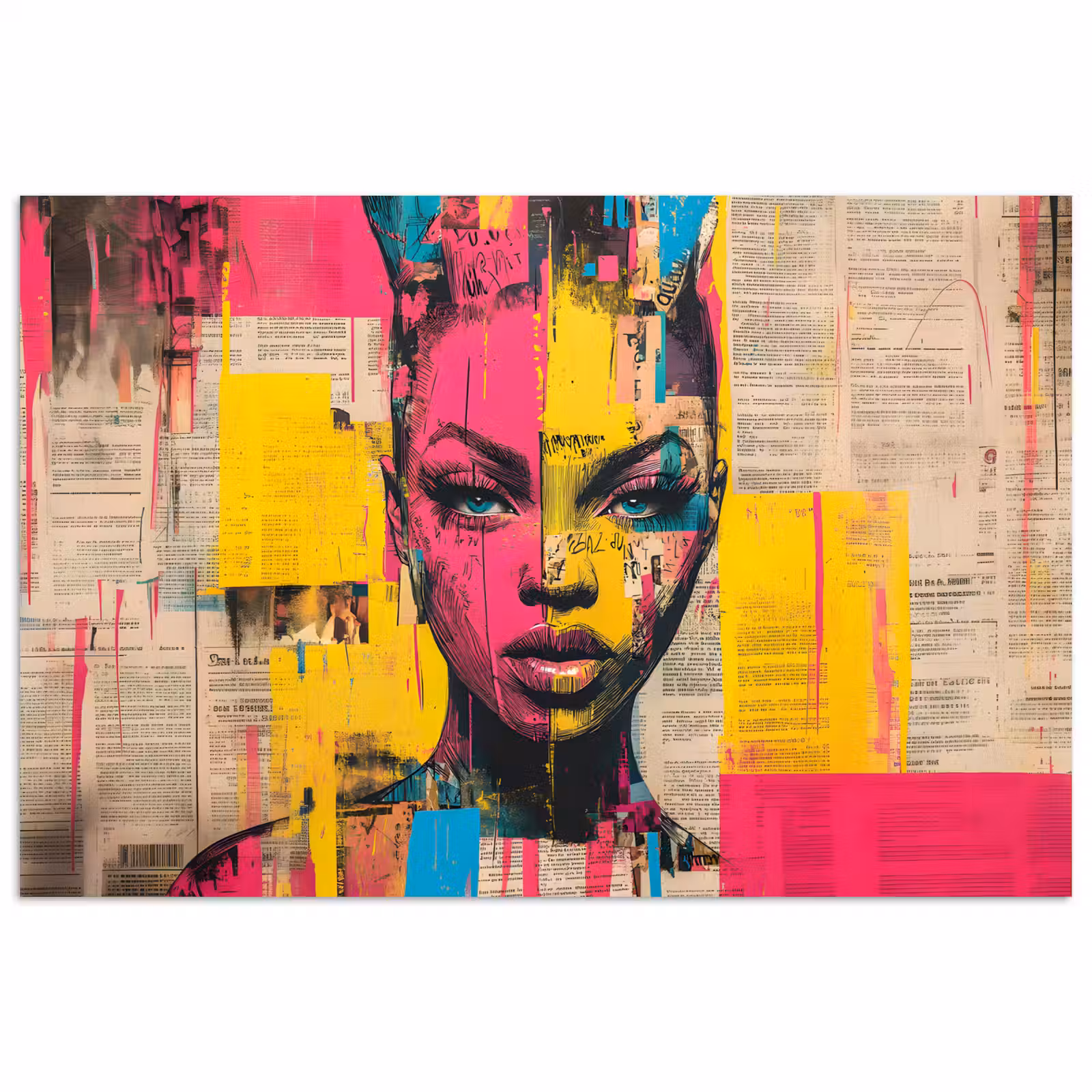 Poster - Vrouwengezicht - Krantenpapier - Abstract - Roze — 1