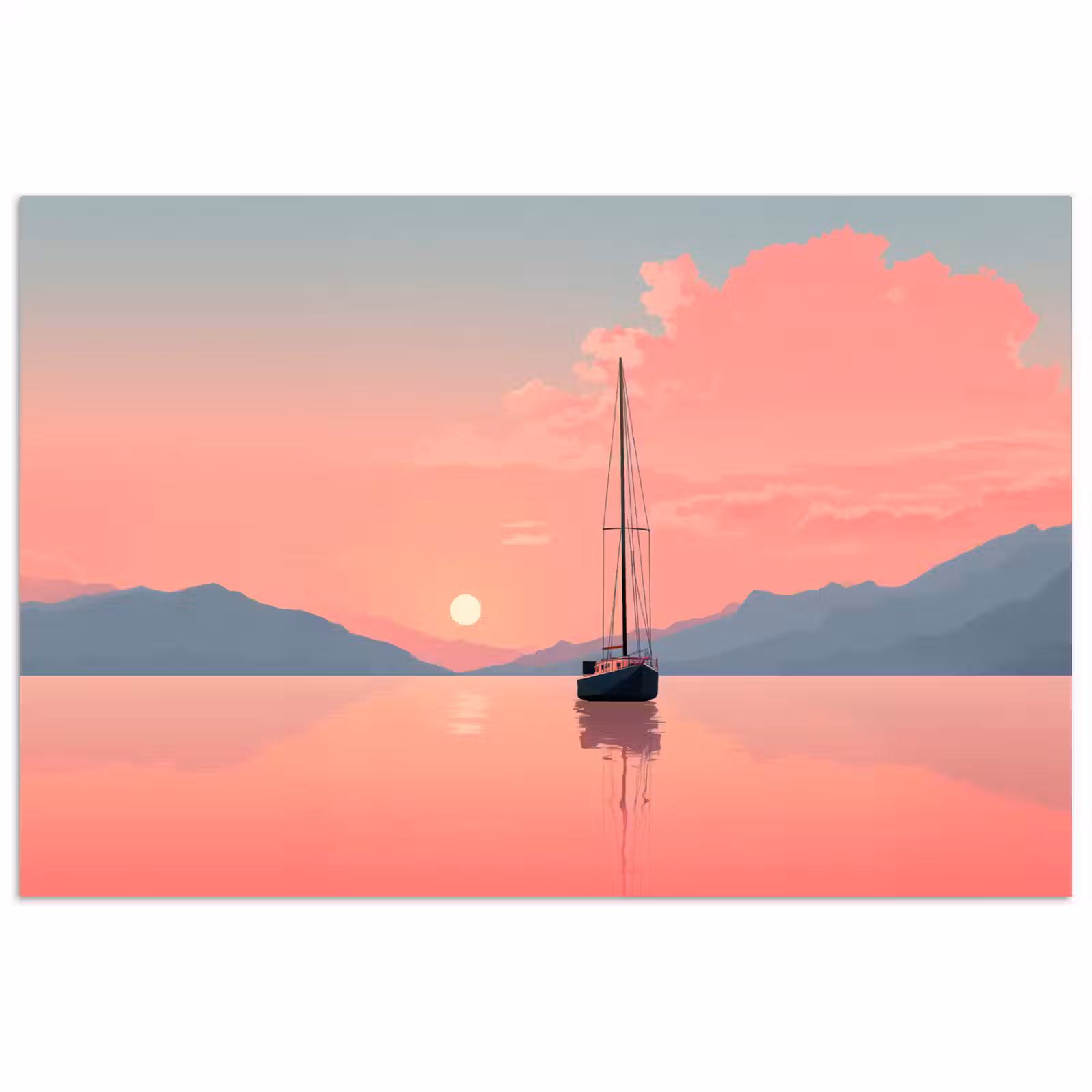 Poster - Zeilboot - Roze zee - Zonsondergang - Bergen — 1
