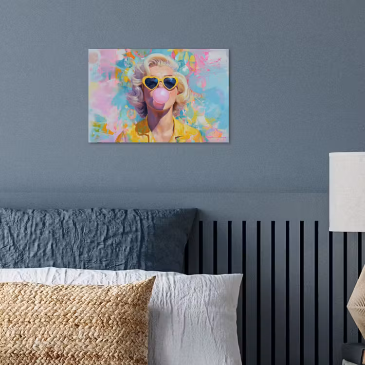 Poster - Vrouw - Blond - Roze kauwgom - Kleurrijk - Pastel — 3