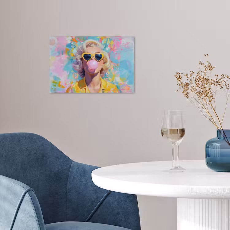 Poster - Vrouw - Blond - Roze kauwgom - Kleurrijk - Pastel — 4