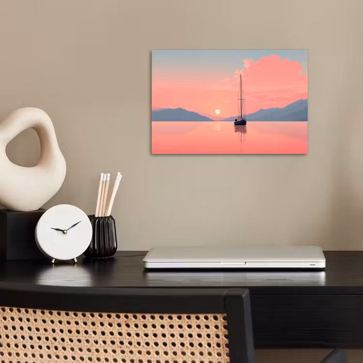 Poster - Zeilboot - Roze zee - Zonsondergang - Bergen — 2