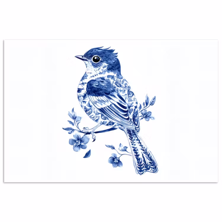 Poster - Vogel - Delfts blauw - Illustratie - Bloemen — 1